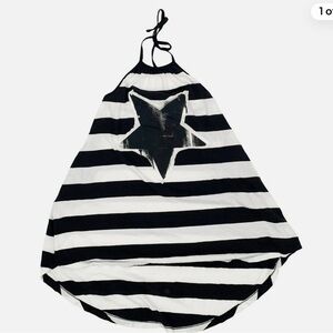 nununu Girls Size 8-9 Star Striped Tie Collar Dress Black and White